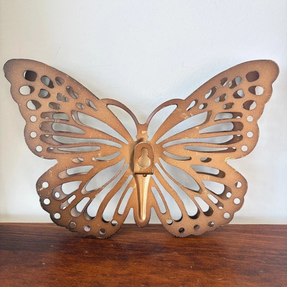 Vintage Gold Metal Butterfly Wall Hanging Filigree Openwork Decor 8 Inch